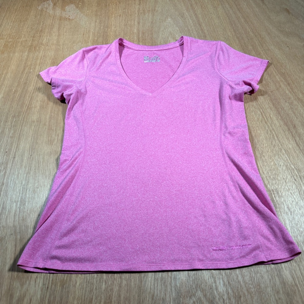 Under Armour HeatGear V-Neck Top Women XL Pink Short Sleeve Activewear Heathered